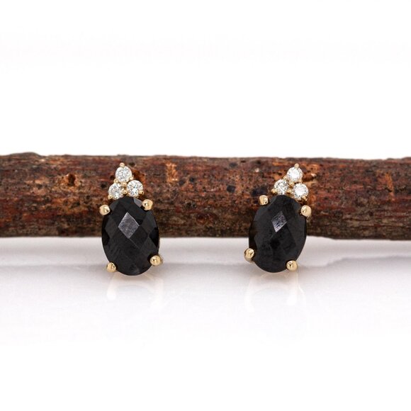Black Spinel Stud Earrings in 14K Solid gold with Natural Diamond Accents - Picture 4 of 8